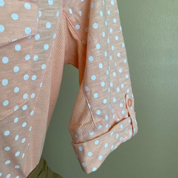 Y2K 2000s Bongo NWT Size L Top Peach Pink Polka Dot Collar Button Down Roll Tab - Picture 7 of 10
